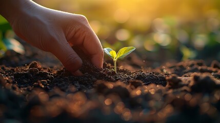 Hand planting a tree, growth for health, close up, nurturing nature, vibrant soil, morning light 