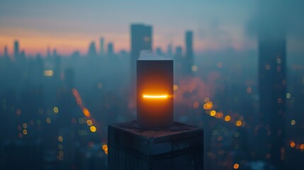 Air pollution monitor against city skyline, guardian of breath, close up, dusk vigil, clear focus 