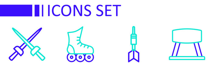 Set line Pommel horse, Dart arrow, Roller skate and Fencing icon. Vector