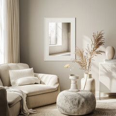 Naklejka premium A living room with a white couch, a white chair, and a white ottoman. A white framed picture hangs on the wall. A vase with flowers sits on a table