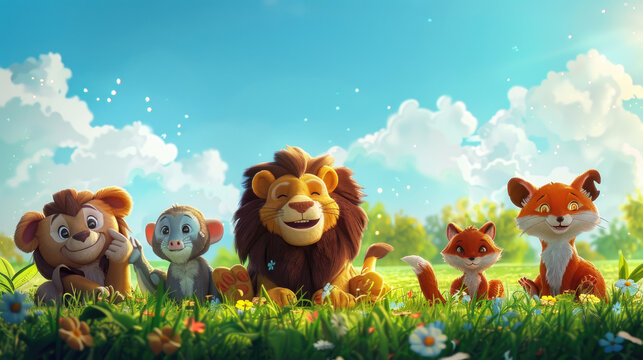 a children, fable style happy baby lion, happy baby wolf, happy baby monkey, happy baby elephant, happy baby fox and shining open blue sky above them, sitting on green grass1