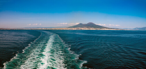Cruising in the gulf of Naples (Napoli), Campania, Italy, with a clear view of the iconic and...