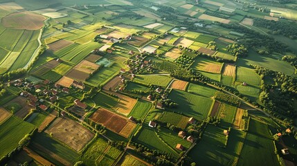 Obraz premium An aerial perspective of expansive cornfields dotted with farmhouse clusters, illustrating the vastness of agricultural landscapes.