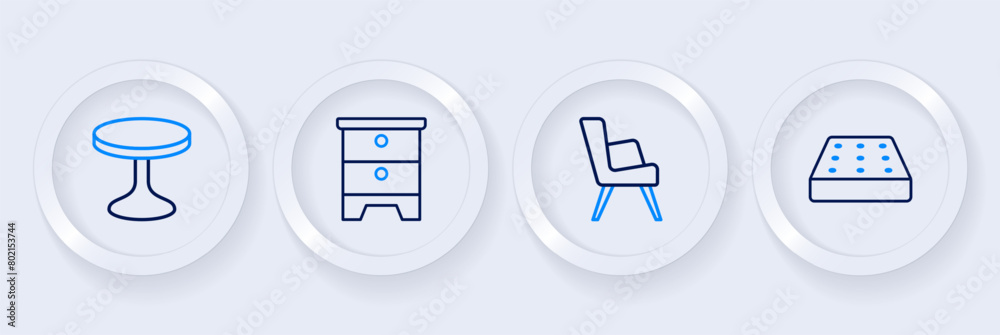 Canvas Prints Set line Mattress, Armchair, Furniture nightstand and Round table icon. Vector