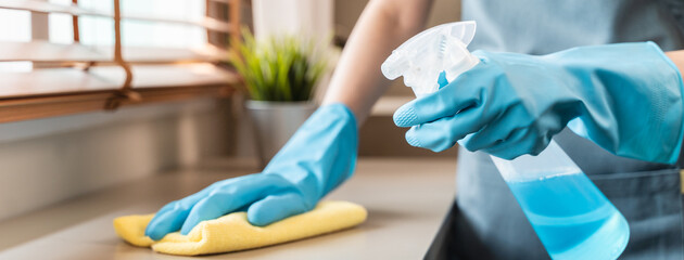 Housekeeper doing chores concept, Close-Up view of housemaid cleaning furniture surface with...