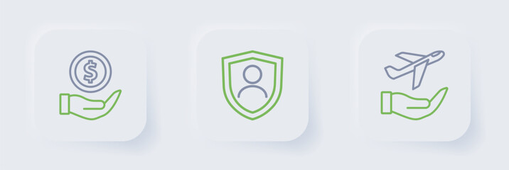 Set line Plane in hand, Life insurance with shield and Money icon. Vector