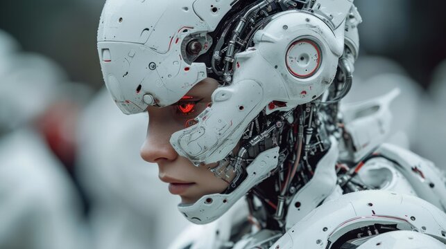 A woman wearing a white robot suit with red eyes.