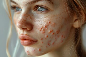 Prominent pimples and sores on a young woman's face call for immediate medical intervention to address serious skin-related health concerns.
