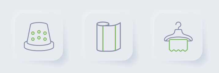 Set line Hanger wardrobe, Textile fabric roll and Thimble for sewing icon. Vector