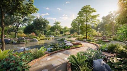 Beautiful landscape of a botanical park, featuring a diverse array of plant life and tranquil walking paths for leisurely strolls. - Powered by Adobe