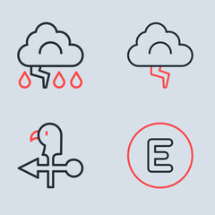 Set line Cloud and lightning, Rooster weather vane, Compass west and icon. Vector