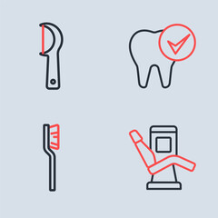 Set line Tooth, Toothbrush, Medical dental chair and Dental floss icon. Vector