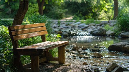 Riverside relaxation spot with simple wooden seating overlooking a winding stream, ideal for quiet contemplation.