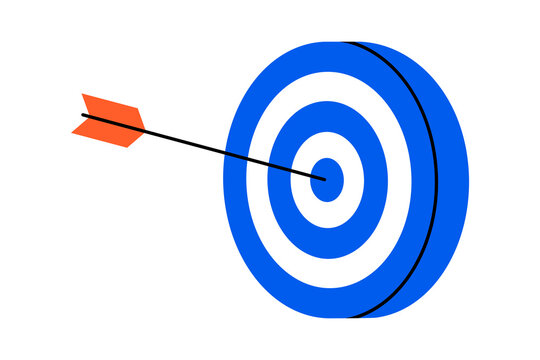 Hand drawn cute illustration of arrow hit center of target. Flat vector hit the bull's eye in doodle. Successful strategy icon. Goal achievement. Find problem solution. Unsuccessful attempts. Isolated