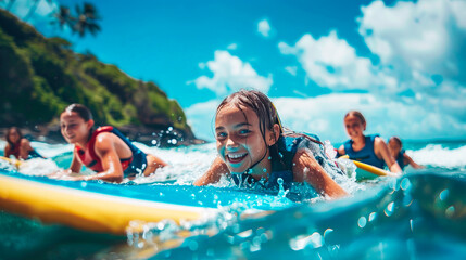 Joyful young surfers girls paddle out on their surfboard riding a wave. - Powered by Adobe