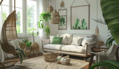 A bright and airy living room with white walls, wooden furniture, green accents, plants, posters on the wall, lamps, a hanging chair, neutral color palette, natural light, cozy feel, and space for rel