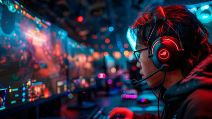 Serious Asian gamer participating in video game tournaments.