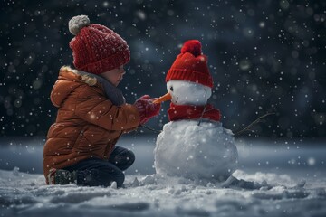 Fototapeta na wymiar A small child is building a snowman in the snow, adding finishing touches with a red hat and scarf