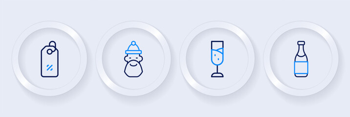Set line Champagne bottle, Glass of champagne, Santa Claus hat and beard and Discount percent tag icon. Vector