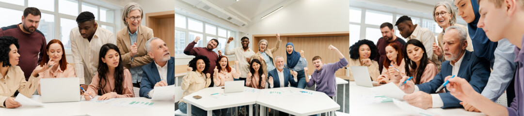 Obraz premium Successful, multinational workers, CEO using laptop, discussing ideas, planning, brainstorming