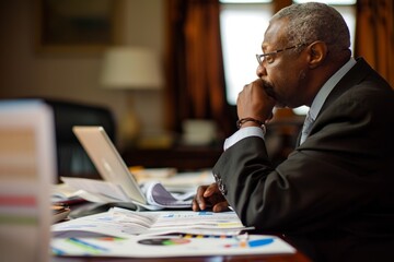 A focused businessman sits at a desk, reviewing financial documents on a laptop