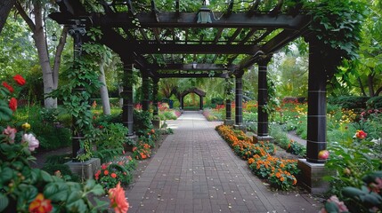 Obraz premium Calm and inviting atmosphere of a public garden, showcasing the natural beauty of lush foliage and vibrant floral displays.