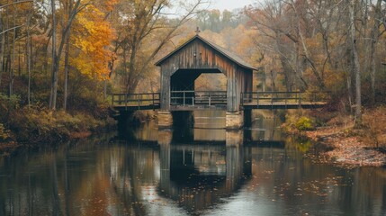 Fototapeta premium Old-fashioned covered wooden bridge over a tranquil river, evoking a sense of nostalgia and rural charm.