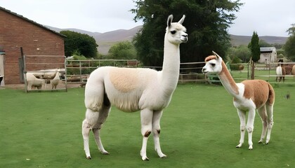 Naklejka premium A Llama In A Farmyard With Other Llamas