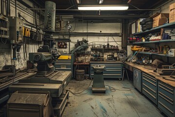 A wide-angle view of a metalworking workshop with shelves filled with various tools and equipment, including a prominent CNC machine