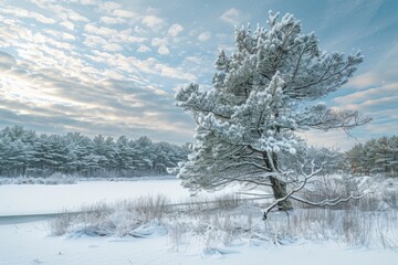 A wide-angle view of a serene winter landscape featuring a majestic pine tree covered in freshly fallen snow in the foreground