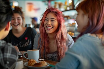 A group of young women with one having pink hair sit at a table in a cafe, laughing and chatting while holding cups