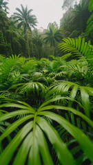 A lush green jungle with palm trees and a thick canopy of leaves