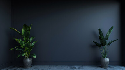A room with two potted plants and a wall. The plants are tall and green, and the wall is painted black. The room has a minimalist and modern feel