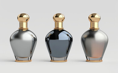 Three perfume bottles with gold tops and silver bodies