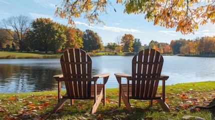 Fototapeta premium Idyllic park scene with classic wooden Adirondack chairs overlooking a scenic lake, ideal for leisurely lounging.