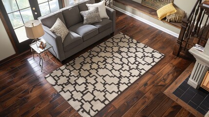 High angle view of hardwood floor adorned with stylish area rug, adding comfort and sophistication to a room.