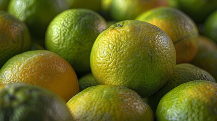 Close-up of freshly picked sweet green oranges, showcasing their bright color and succulent texture.