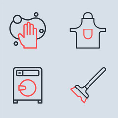 Set line Kitchen apron, Washer, Mop and Sponge icon. Vector