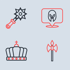 Set line Medieval helmet, King crown, axe and Mace with spikes icon. Vector