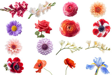 Diverse Collection of Beautiful Flowers - Isolated on White Transparent Background, PNG
