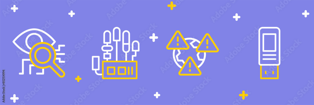 Poster Set line USB flash drive, Earth with exclamation mark, Mechanical robot hand and Eye scan icon. Vector