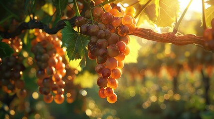 Fresh ripe grapes glistening in the sunlight, ready to be harvested in a lush vineyard.