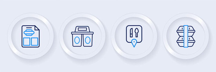 Set line Lunch box, Cafe and restaurant location, Coffee cup to go and Restaurant cafe menu icon. Vector