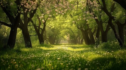 Fototapeta premium Enchanting photograph of a verdant park filled with blossoming trees and verdant foliage, inspiring a sense of wonder and appreciation for nature.