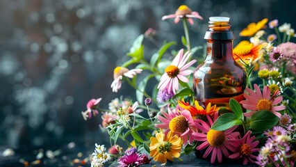 Natural Wellness: A Vibrant Mix of Herbs and Flowers in an Apothecary Bottle. Concept Herbal Remedies, Floral Infusions, Healing Powers, Botanical Elixirs, Natural Wellness