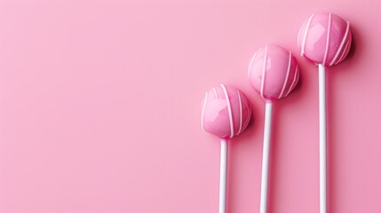 Top view sweet caramel lollipop candies flat lay on pink background. Generated AI image