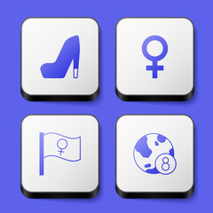 Set Woman shoe, Female gender symbol, Feminist activist and International Women Day icon. White square button. Vector