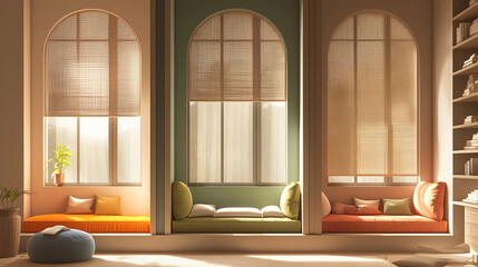 Three windows with different colored curtains and a green couch in the middle