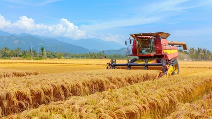 Obraz premium Farmers operating a modern combine harvester, reaping bountiful rice crops under the clear blue sky in a rural setting.