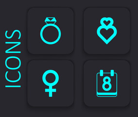 Set Calendar with 8 March, Diamond engagement ring, Heart and Female gender symbol icon. Black square button. Vector